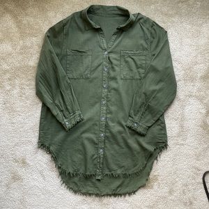 Green Women’s Frayed Long Sleeve Button-Down Mini Shirtdress